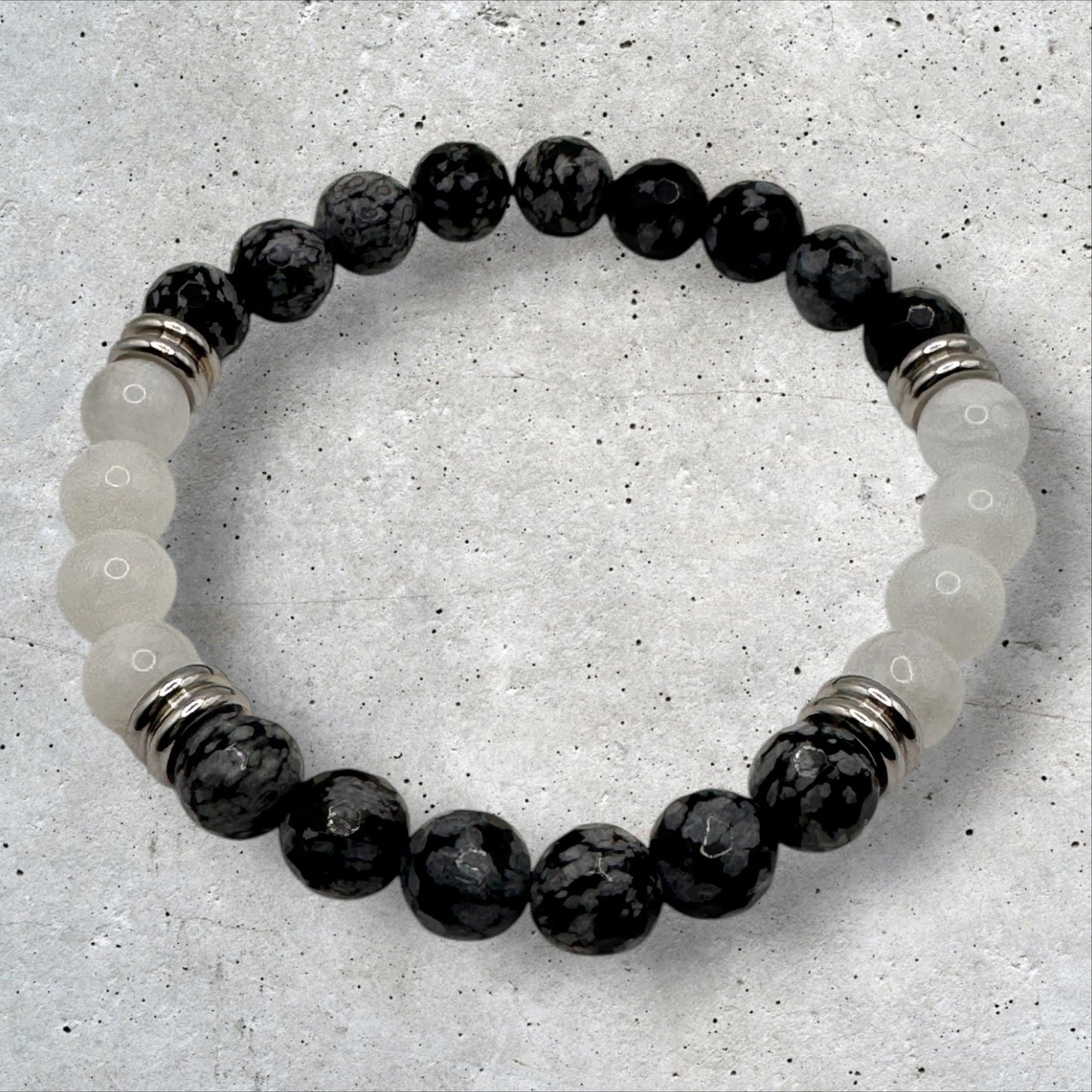 Rainbow Moonstone & Snowflake Obsidian Bracelet