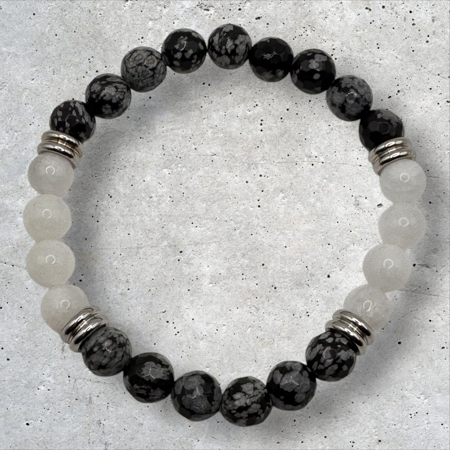 Rainbow Moonstone & Snowflake Obsidian Bracelet