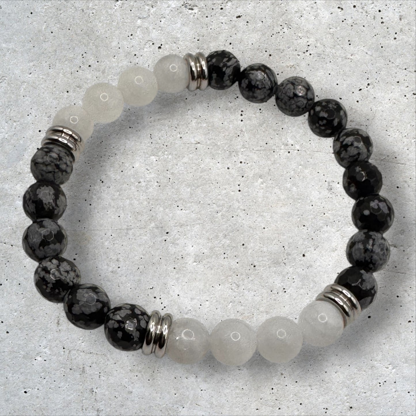 Rainbow Moonstone & Snowflake Obsidian Bracelet
